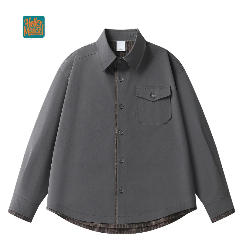 HELLOMARCEL EU US Size High Quality Casual Shirt Street Wear Oversize Retro Plaid Fake Two-Piece Work Unisex Long Sleeve Shirt