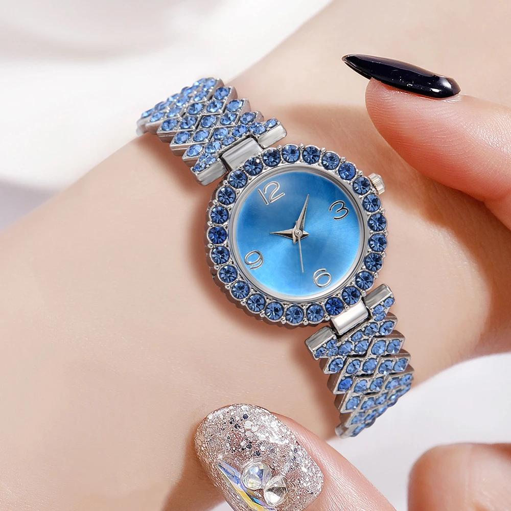 6PCS/Set Women Blue Watch Fashion Light Luxury Blue Dial Wristwatch Alloy Strap Watch Blue Jewelry Set Gift For Girls