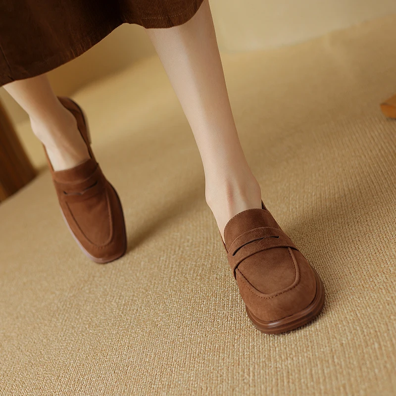 2024 Flats Shoes Size 34-40 Women Suede Real Leather Loafers Casual SpringLow Heels Vintage Office Lady Daily Dress