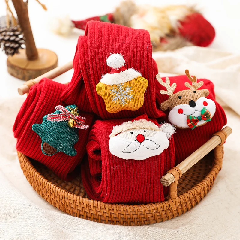 Medias de dibujos animados de Navidad para niños y niñas, mallas de algodón suave, pantimedias Rojas, regalos de Año Nuevo, 0-6 años