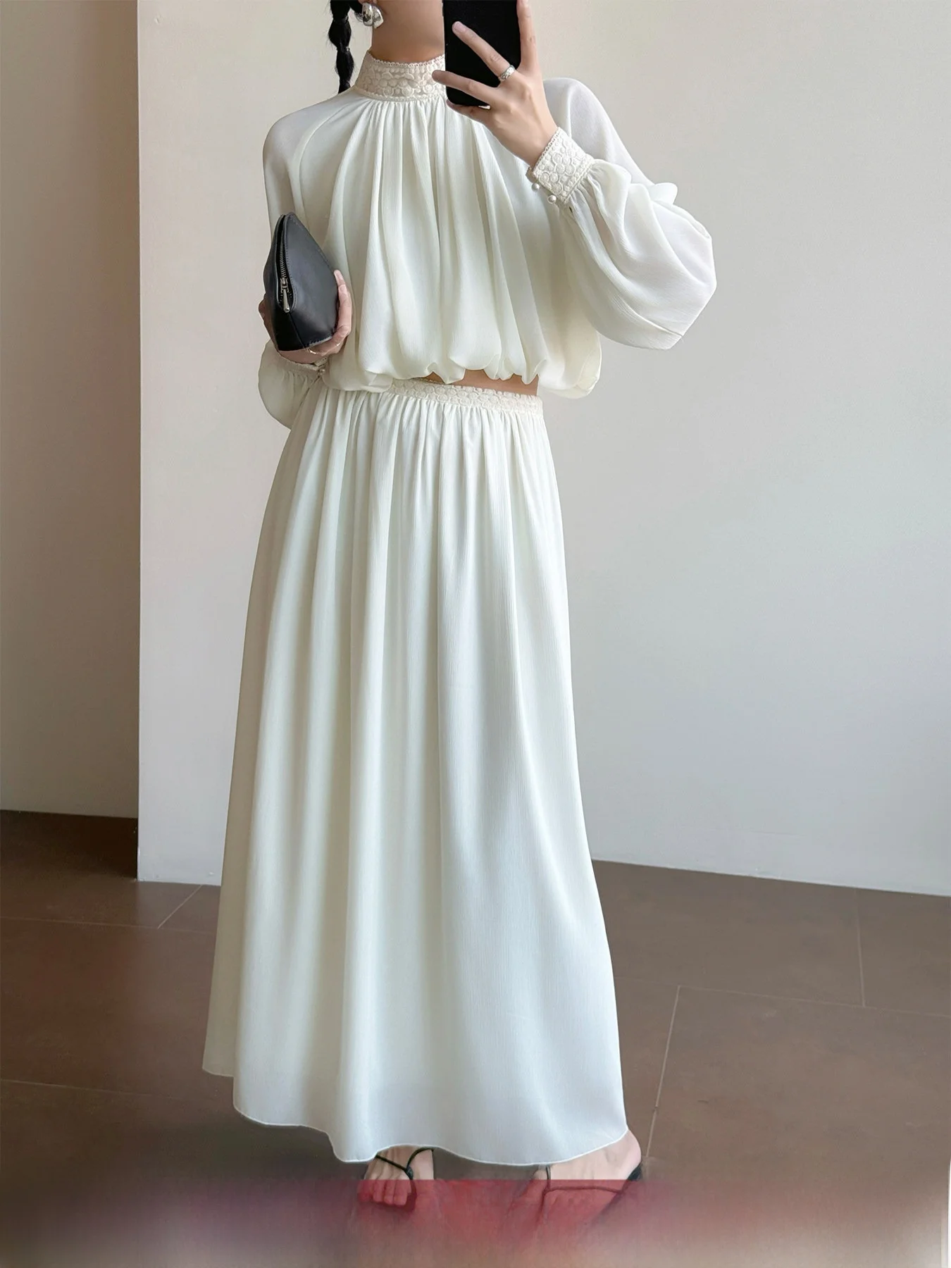 

New 2026 Spring Tasyavan Women's Fashion Set with Embroidered Stand Collar Long Sleeve Shirt And Slimming Long Skirt