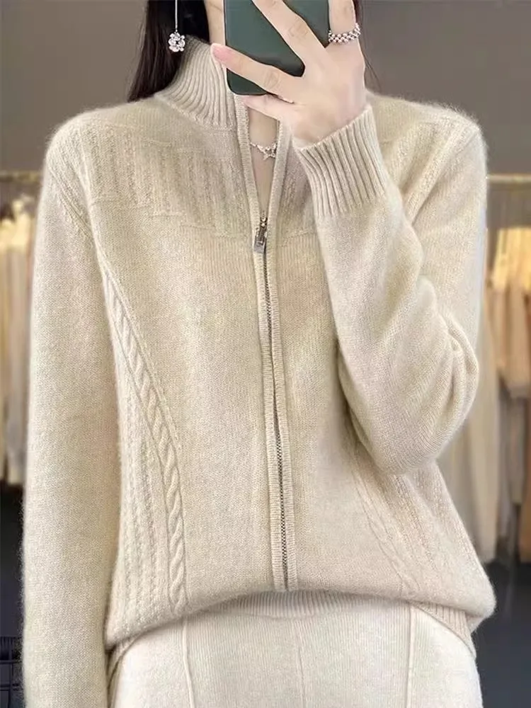 

Autumn Winter Women's Camere Knitted Cardigan Loose Thiened Zipper Wool Sweater Outerwear f High Collar Open Front Sle