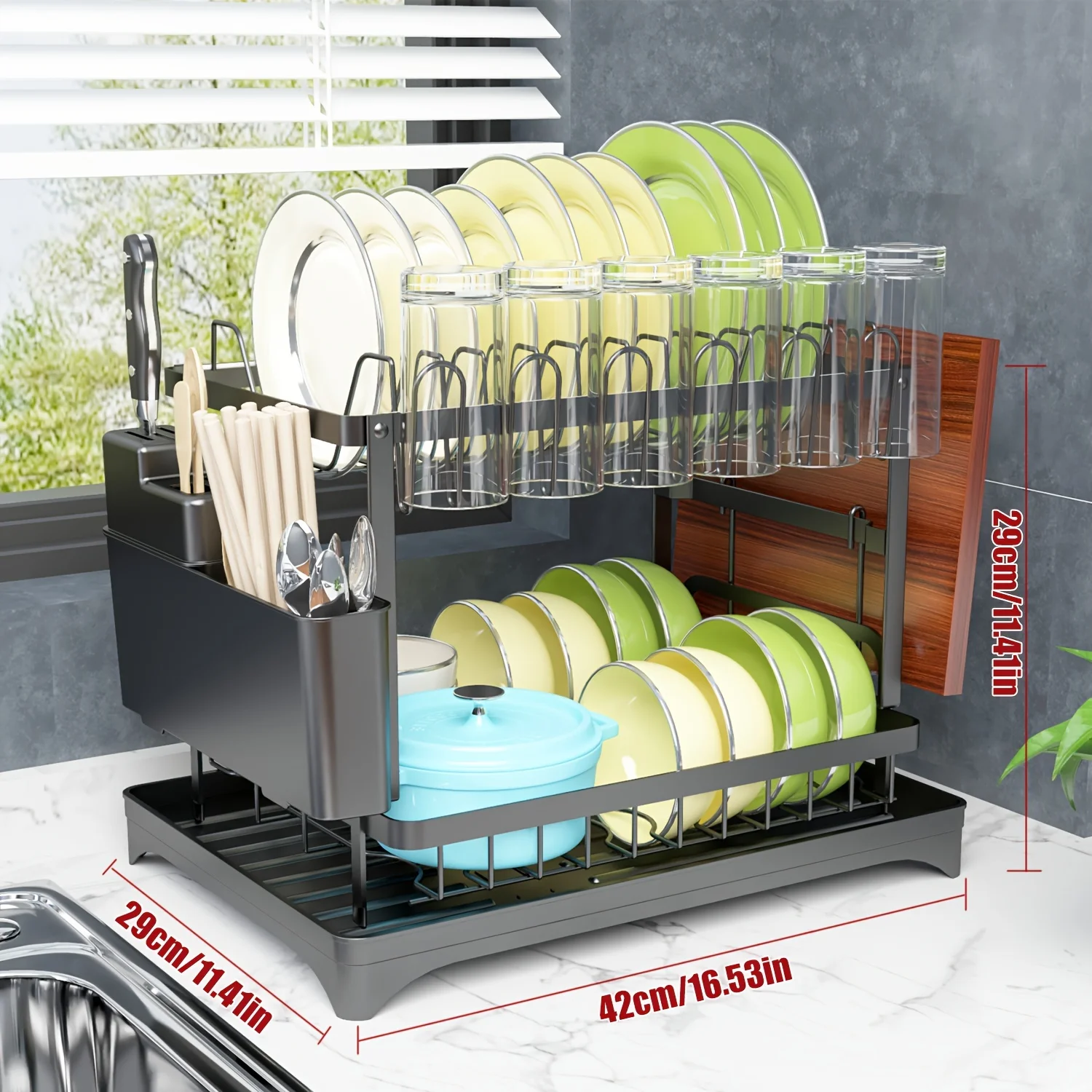 

Dish Rack For Small Family, 2-tier Dish Drying Rack For Plates& Bowls, With Holder For Utensils, Cups, No-Drill Installation