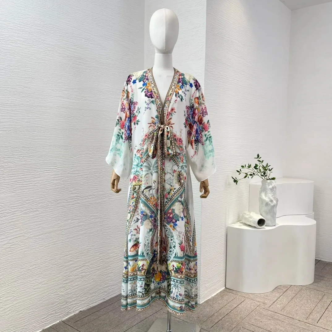 

Silk 2024 Summer New White Floral Peacock Print Vintage High Quality Women Long Sleeve Diamonds Pressed V-Neck Belt Midi Dress