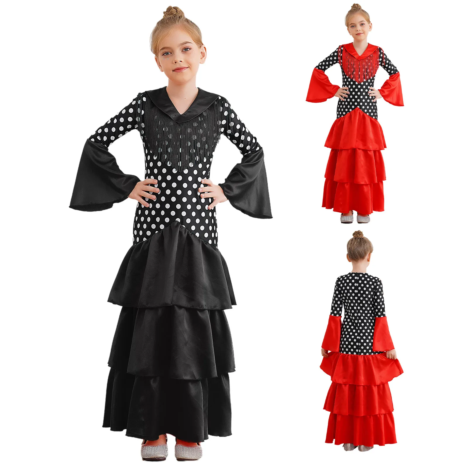Crianças meninas vestido de dança flamenco halloween cosplay tourada espanhola dancewear manga queimada em camadas plissado bolinhas vestido