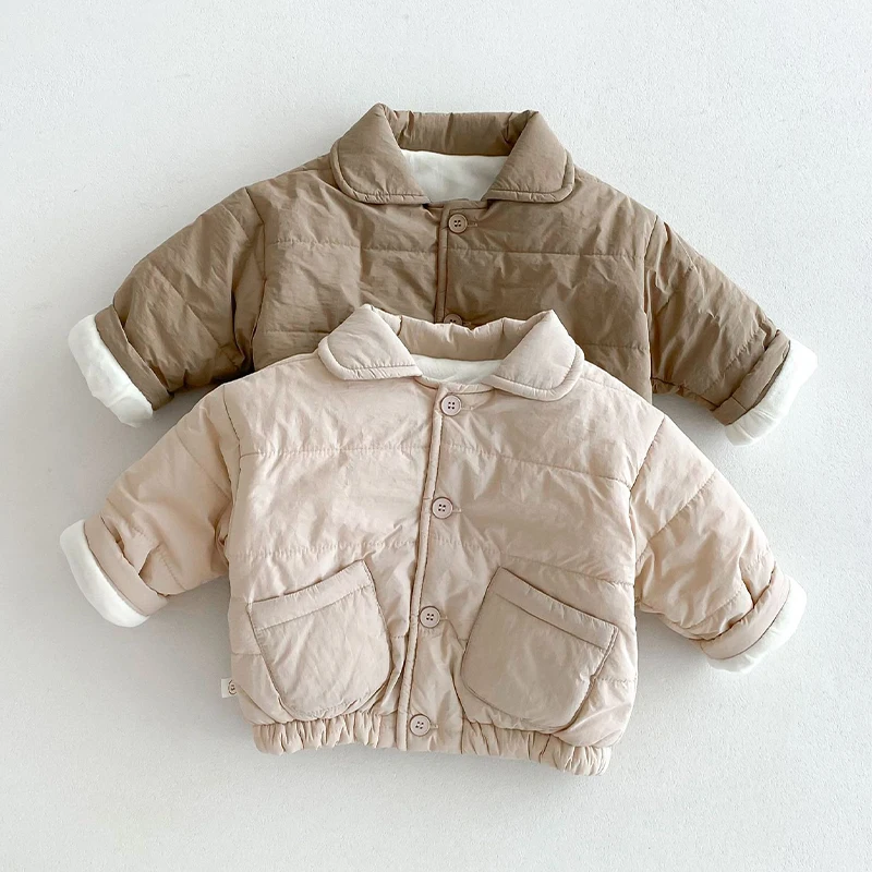 

Winter Kids Fleece Thickened Parkas Coat Korean New Casual Warm Buttons Long-Sleeved Jacket With Pockets Children's Clothing