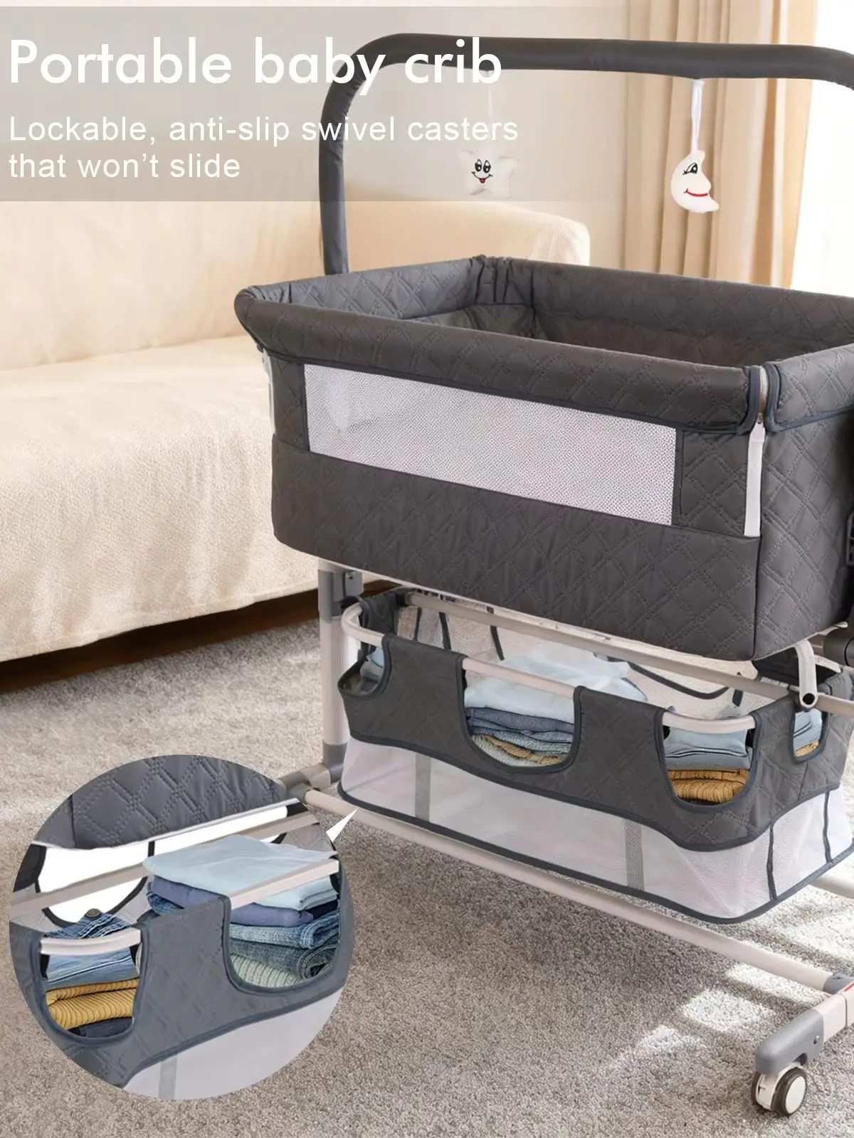 Beistellbett für Neugeborene 0-12 Monate mit 6 cm höhenverstellbarer elektrischer Schaukelwiege, 5 Schaukelgeschwindigkeiten, 3 Timer, Bluetooth-Musik, Fernbedienung, atmungsaktiver