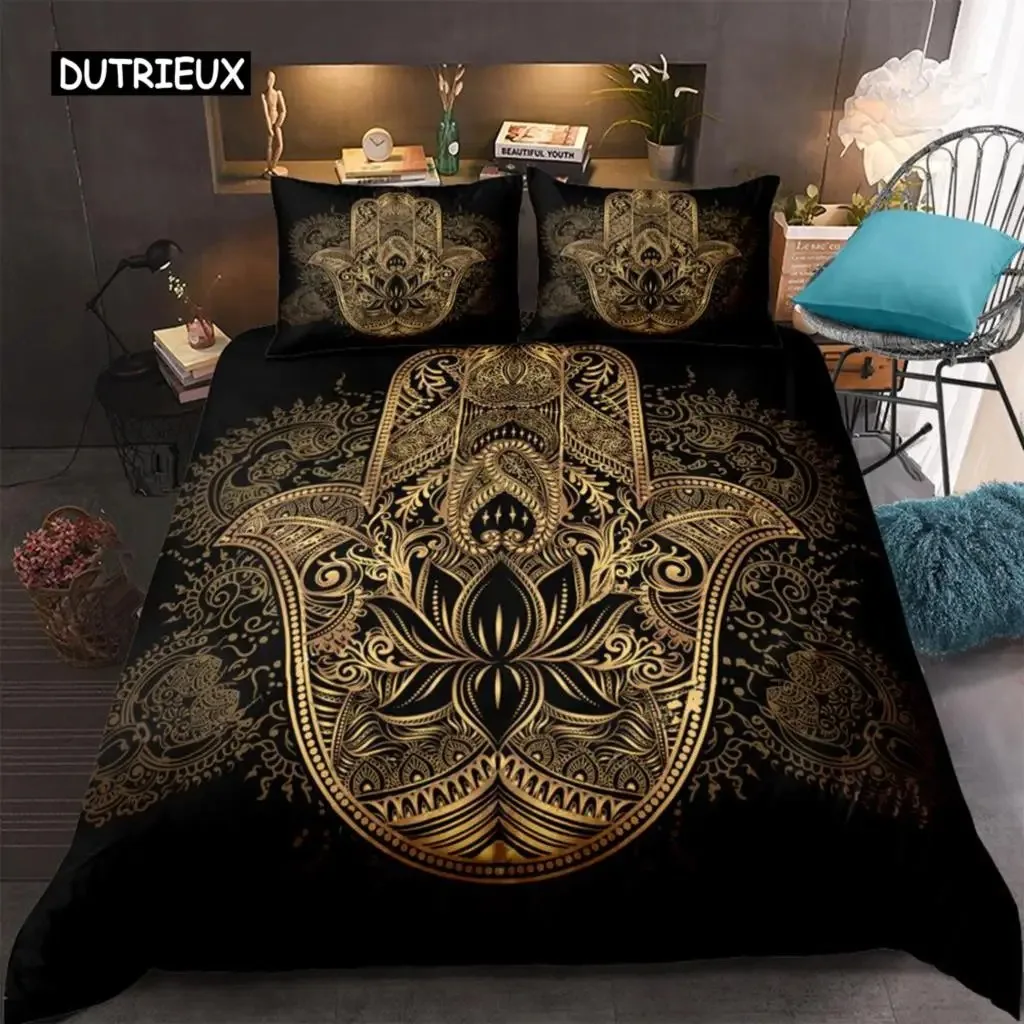 

Hamsa Hand Bedding Set Boho Mandala Duvet Cover Set Black Gold Bohemia Bed Set Fatima Hand bed linen Lucky Hand Quilt Cover