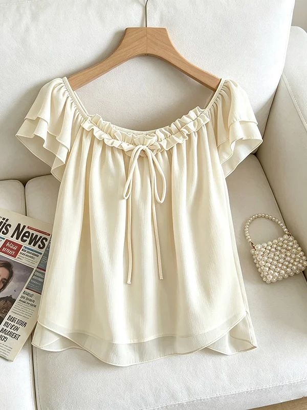 

plus Size Women's Fashionable Korean Style Summer Shirt with 3D Lace Trim And Puff Sleeves Versatile Slimming Top