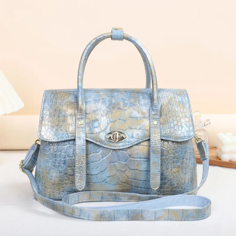 Light Blue Leather Women\'s Handbags Lady Big Shoulder Crossbody Tote Bag Fashion Retro Trendy Large Capacity Top Handle Bags