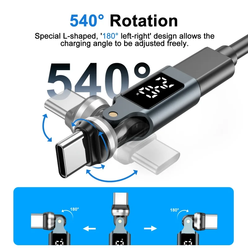 Adapter PD240W Type-C do Type-C męski na żeński z obrotową konstrukcją 540 stopni, wyświetlaczem cyfrowym OTG, szybkim ładowaniem 5A, konwerter do iPhone 16 i Xiaomi — zdjęcie produktu 4