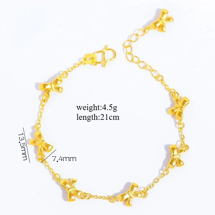 Romantic Real 14 K Gold Color Bow Bracelet for Women Girlfriend Mom Bangle Chain Not Fade Fine Jewelry Gifts