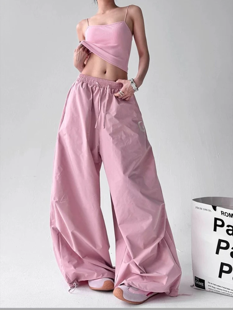 Amerykańskie spodnie cargo z szerokimi nogawkami, wysoki stan, sznurek, nadruk księżyca, estetyka Y2K, streetwear, letnie, luźne spodnie o swobodnym kroju.