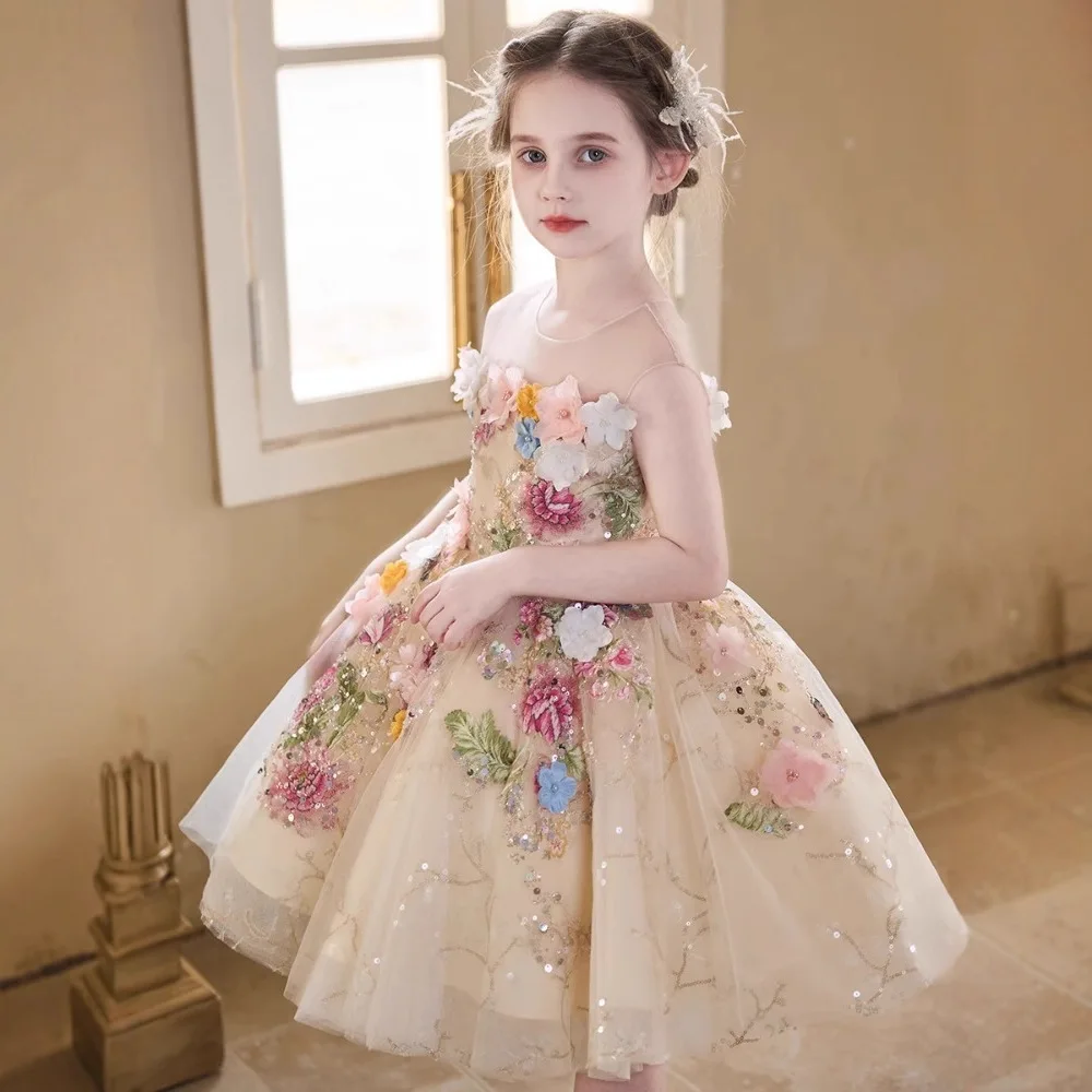 Custom Flower Girl Dress Wedding Gown Birthday Party Pageant Dress 3D Floral Embroidered Sequin Tulle Princess Dress For Girls