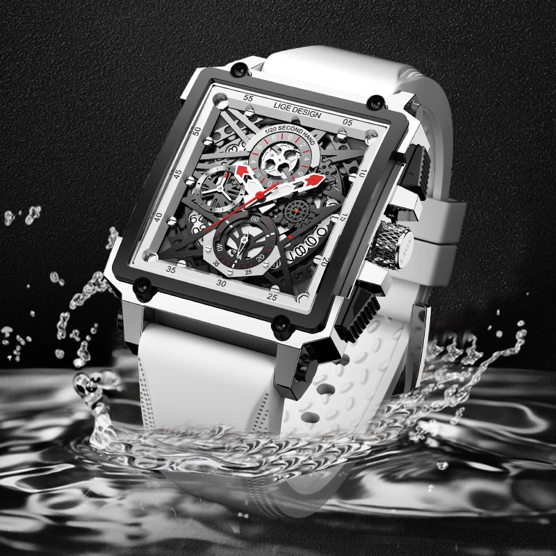 LIGE New Fashion Square Quartz Man Watch Top Brand Luxury Waterproof Men\'s Watches Date Casual Sport Silicone Hollow Gear Clocks