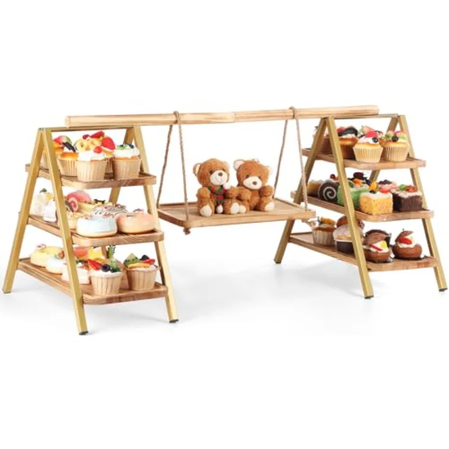 

3 Tier Cupcake Stand with Swing Design Cake Display Stand Large Food Desert Table Display Stand Metal Frame Wooden Base for Des