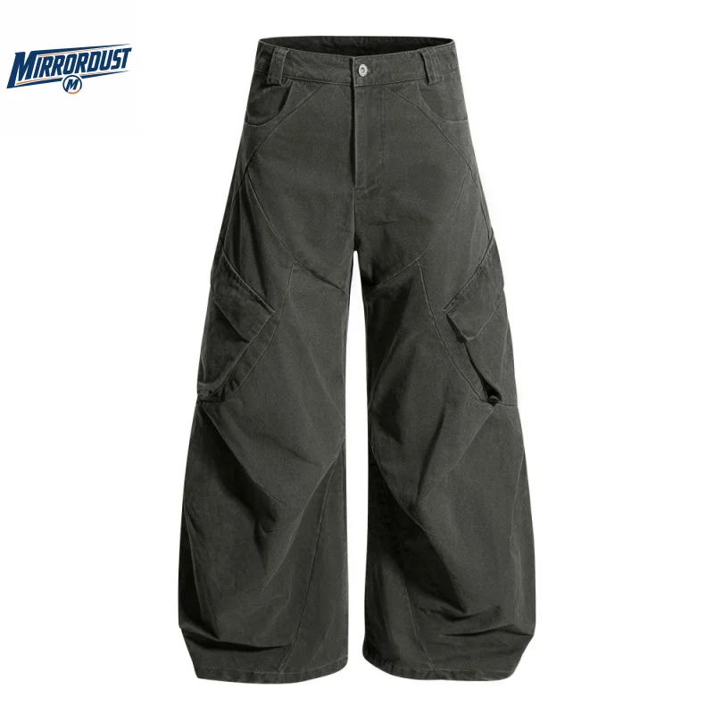 Vintage Utility Cargo Pants Men Wide Leg Baggy Trousers Multi Panel Design Loose Streetwear Hip Hop Fashion Bottoms