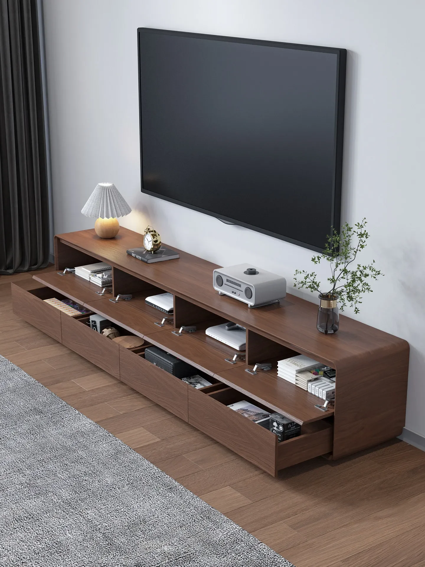 DSA Vintage Solid Wood TV Cabinet, New Model Small Apartment Double-Layer Floor Cabinet, Walnut Color