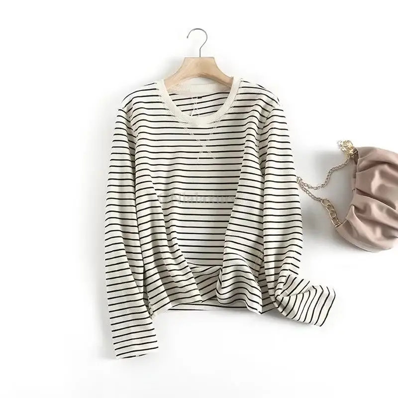 CNlalaxury  Woman Spring Autumn Casual Striped T-shirt Round Neck Simple Pullover Long Sleeve O-neck T-shirts Commuter Basic Top