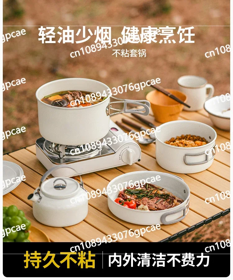 Non-stick Pot Outdoor 4-in-1 Camping Portable Cooking Utensils Cassette Stove Picnic Frying Pan Teapot Kitchenware