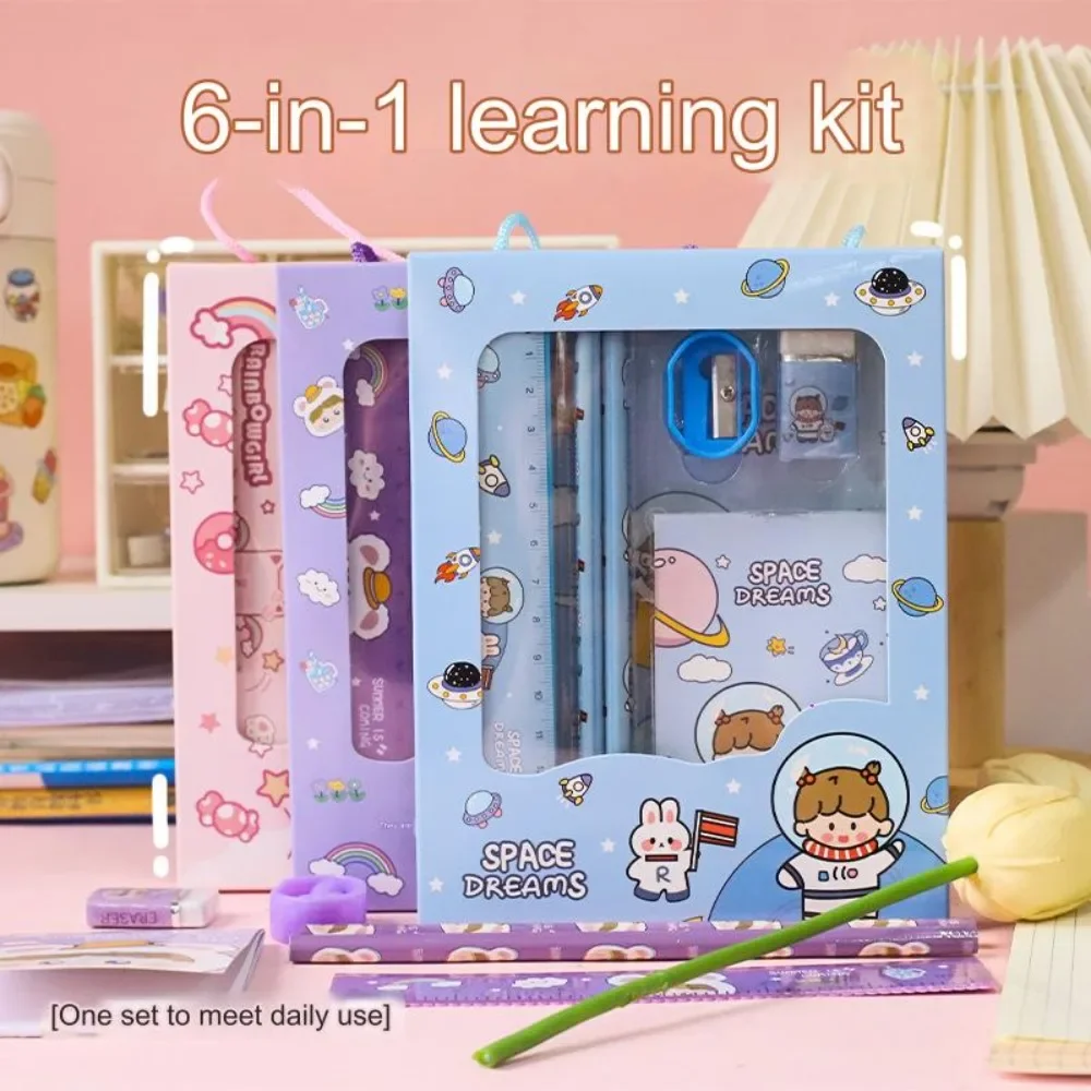 

Cute 6-in-1 Stationery Set Cartoon Rabbit Bear Student Stationery Bag Portable Kindergarten Learning Gifts School Supplies