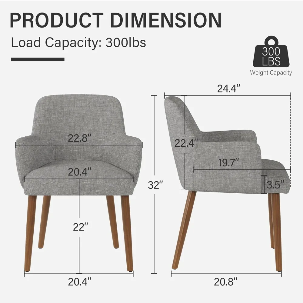 زوج من كراسي تناول الطعام المنجدة من القماش المعاصر مع مساند للذراعين المنحنية وأرجل خشبية