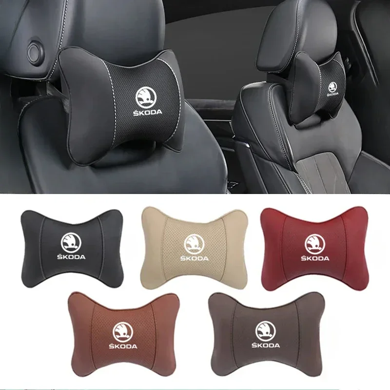 1Pcs Car Seat Headrest Auto Logo Neck Pillow For Skoda Octavia Fabia Rapid Kamiq Scala Kodiaq Superb VisionS Yeti Karoq Enyaq-iV