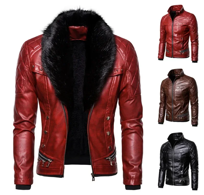 

2023 Men's Punk Detachable Fur Collar Rivet Pressed Cotton Thick Windproof Motorcycle Leather Jacket Jacket Jacket