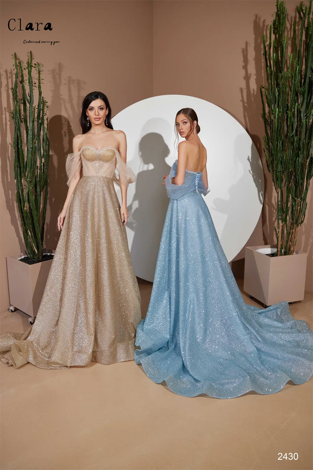 Clara personalizado brillante fuera del hombro sin espalda A-line curvado elegante vestidos de fiesta 2025 elegante vestido de fiesta de boda de noche