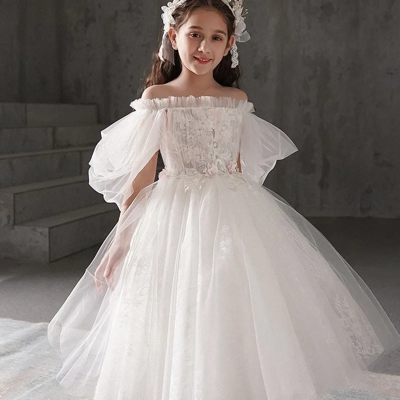 

Girls White Princess Party Dress Puffy Tulle Flower Girl Wedding Gown for Piano Performance Evening Pageant Formal Celebration