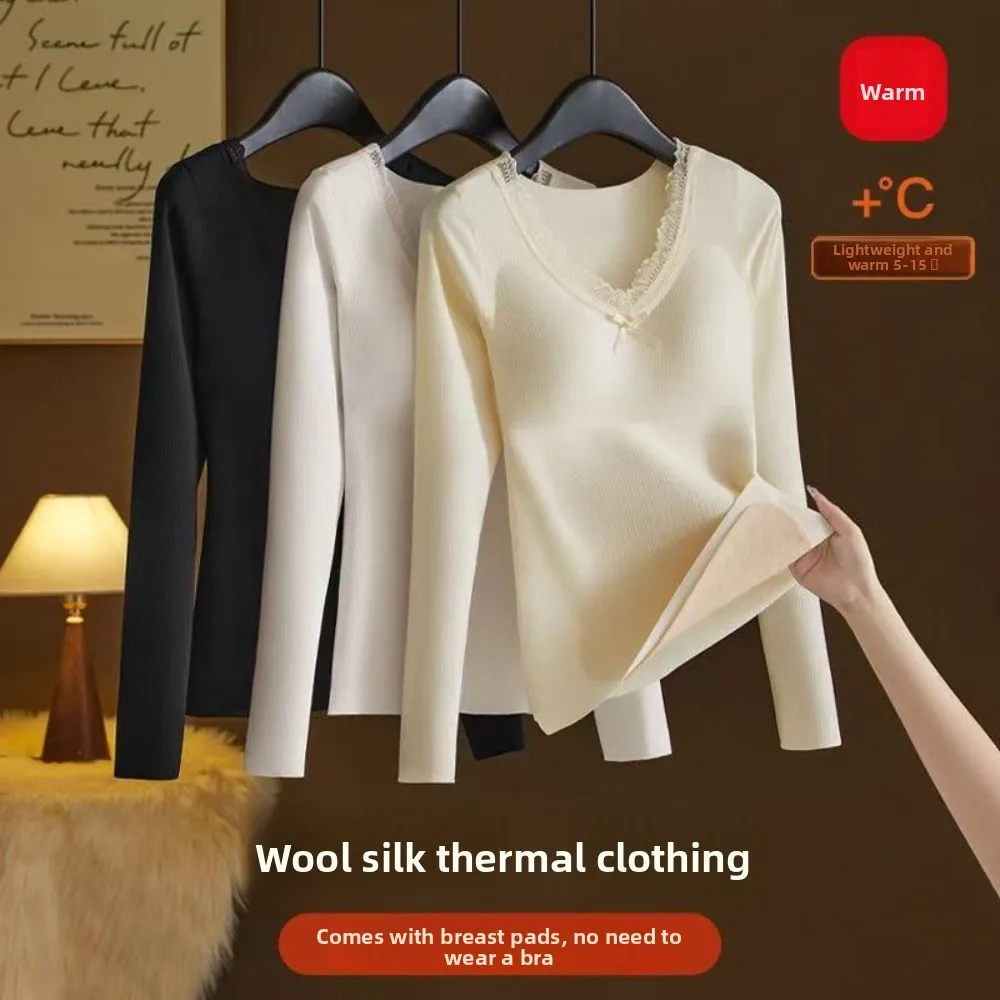 

Lace Women Wool Thermal Clothes V Neck Invisible Thermal Underwear Wool Fleece Feel Heating Warmth Long Tops Undershirt