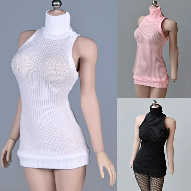 

1/6 Scale Female Black Pink High Collar No Sleeves Sweater Clothes Model Fit 12'' PH TBL Action Figure Body for Hobby Collection