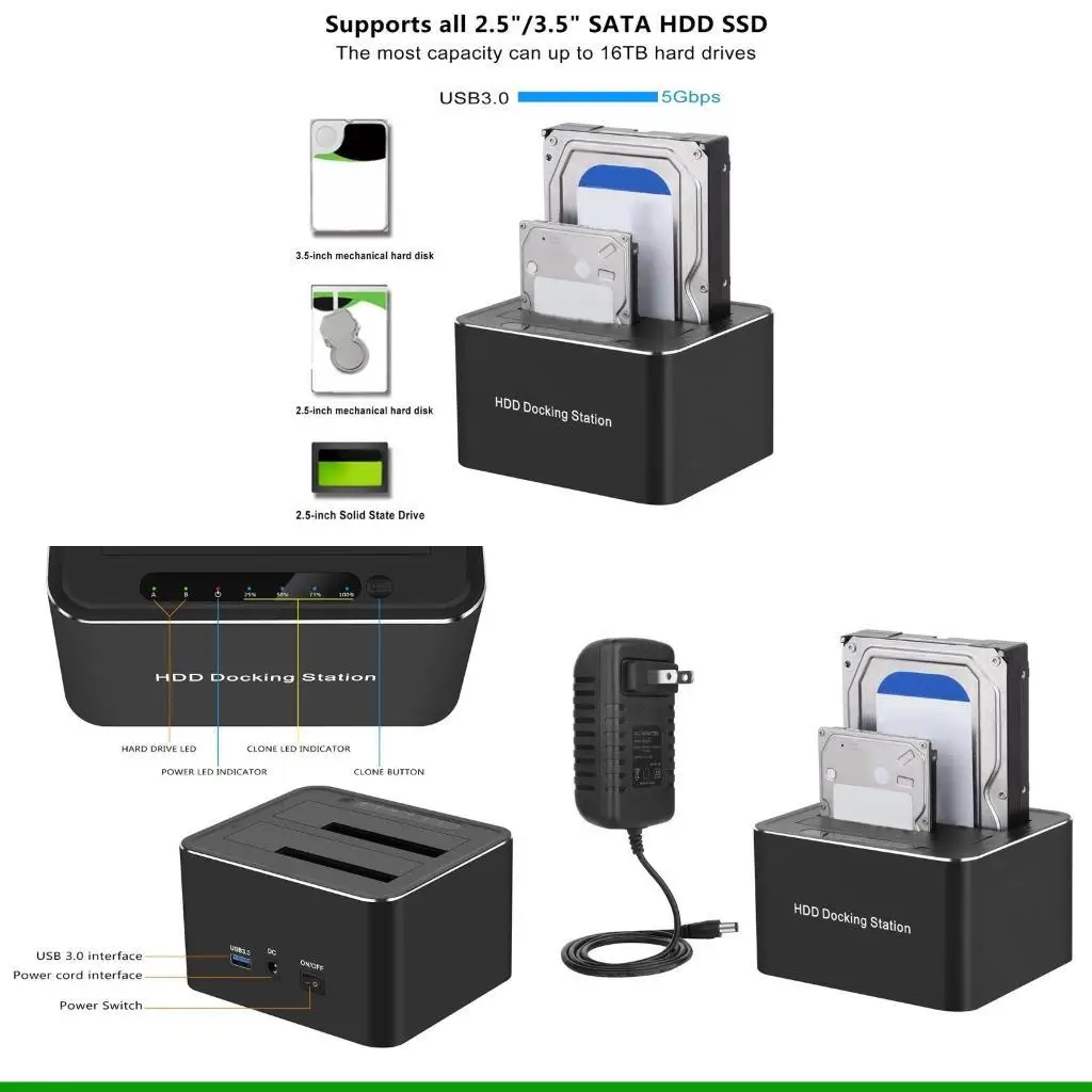 

U55C USB3.0 Dual-Bay Hard Disk Base Enclosure Box for 2.5 3.5'' Support Offline