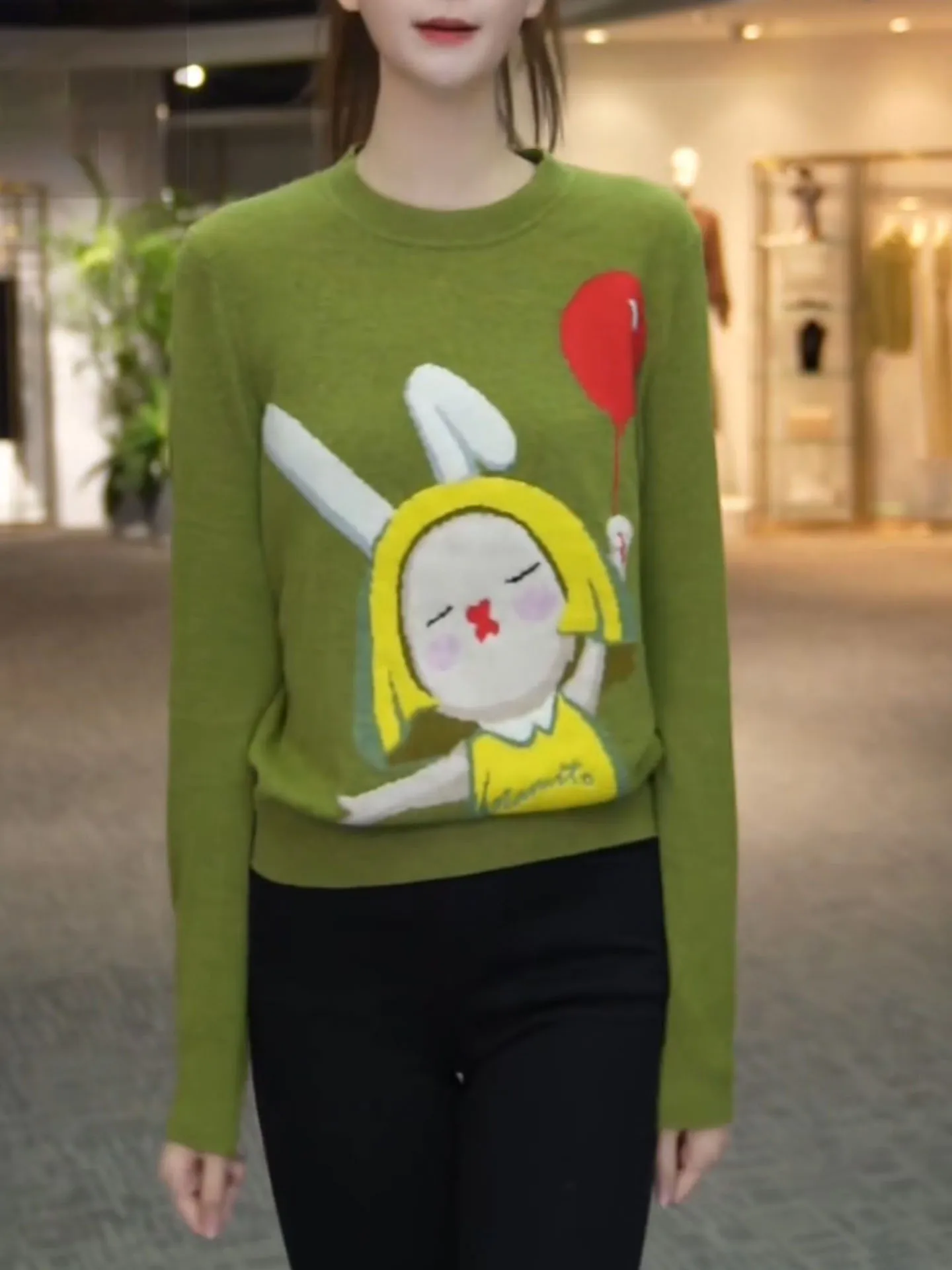 

Женский вязаный свитер большого размера с круглым вырезом, с мультяшным рисунком кролика, осенне-зимний, новый, стильный