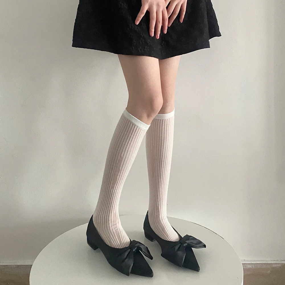 Women Summer Ripped Calf Stockings Ultra-thin Knee Socks Lolita Girls Solid Color Black White Gray Long Socks Women Stockings