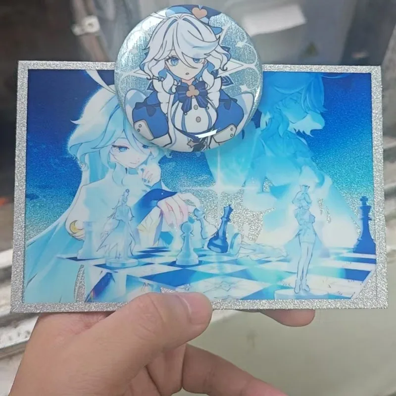 

2Pcs/Lot Game Exquisite Card And Brooch Furina de Fontaine Focalors Hydro Archon God of Justice Pin Cosplay Badge Birthday Gift