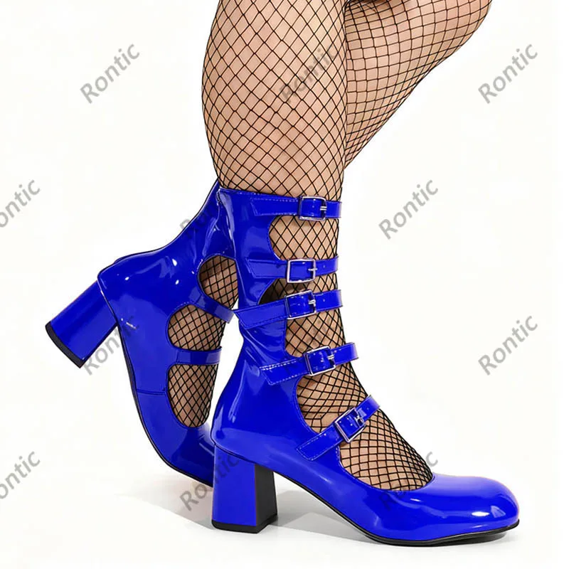 أحذية قوطية من الجلد اللامع باللون الأزرق - أحذية الكاحل المصنوعة يدويًا مع أشرطة بإبزيم - كعب لوليتا للسيدات مقاس كبير أمريكي 5-20 #4