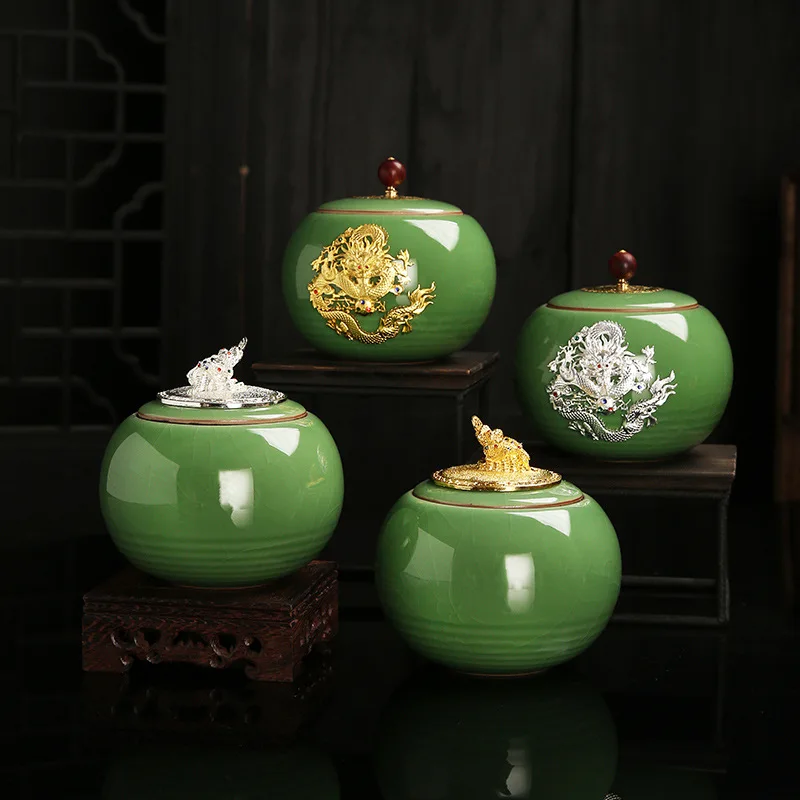 Longquan Celadon Tea Canister Household Ge Kiln Longquan Glaze Ice Crack Sealed Moisture Proof Tea Storage Container