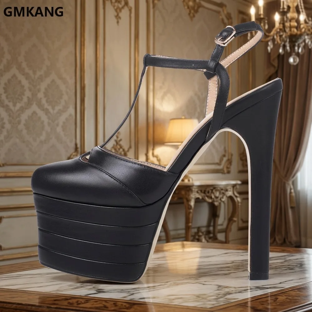 GMKANG Summer Cowhide Round Toe Platform Sandals Mixed Colors T-Block Heel Buckle Strap Closed Toe Casual Beach Party Shoes