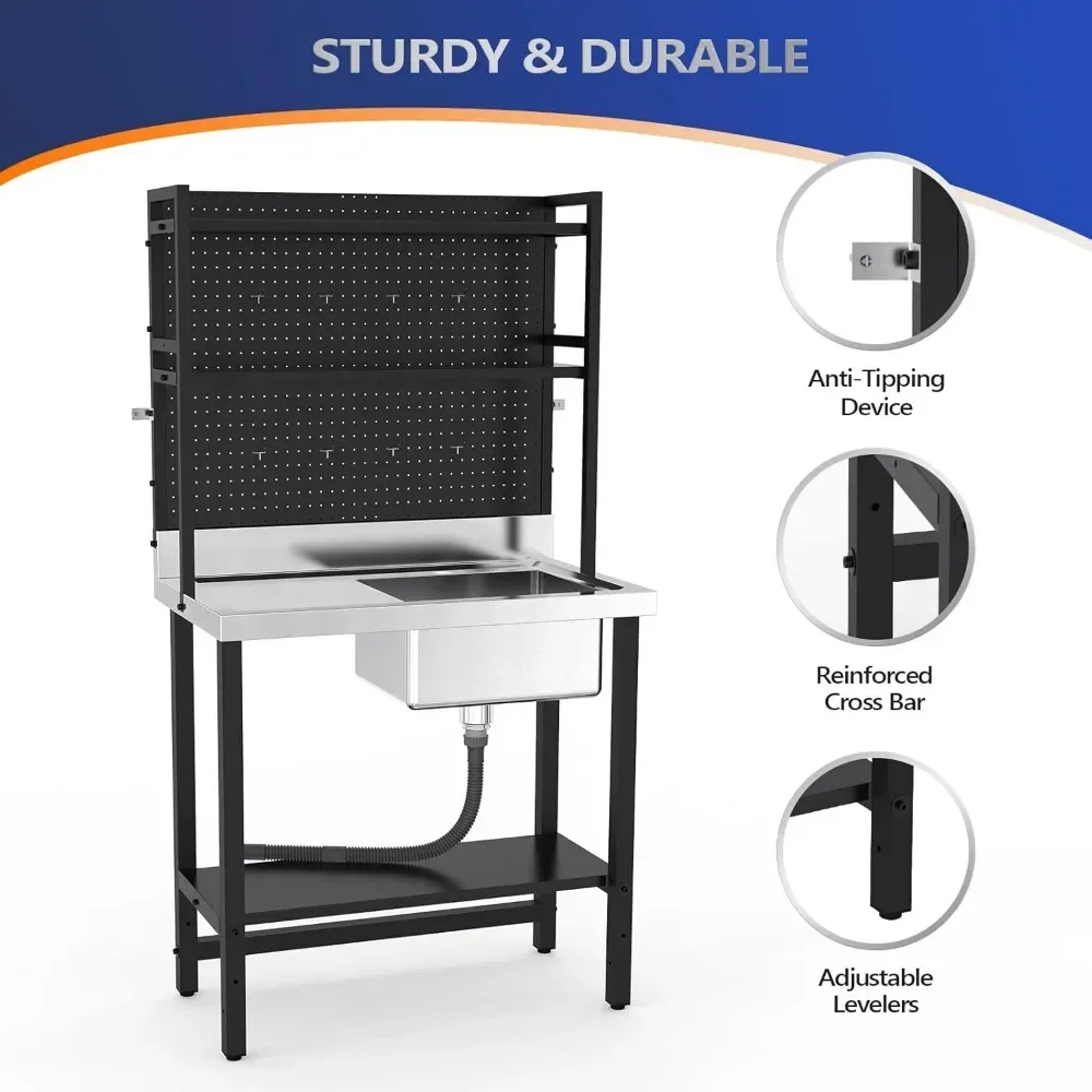 Wastafel komersial dengan papan pengering dan rak dapat disetel papan pasak untuk alat gantung, meja baja anti karat 304