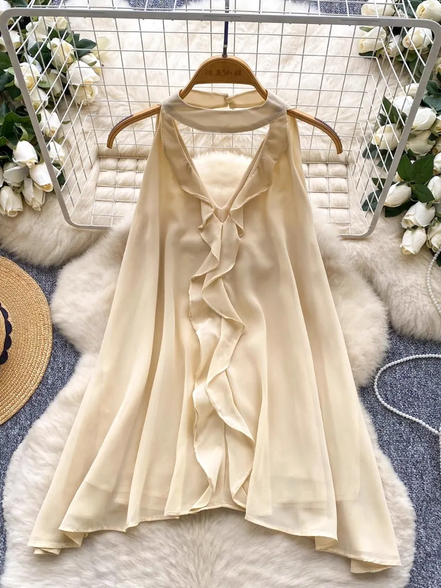 Foamlina Camicetta estiva senza maniche in chiffon con volant Camicia da donna Estetica intenzionale Scava fuori Top con scollo all'americana Camis