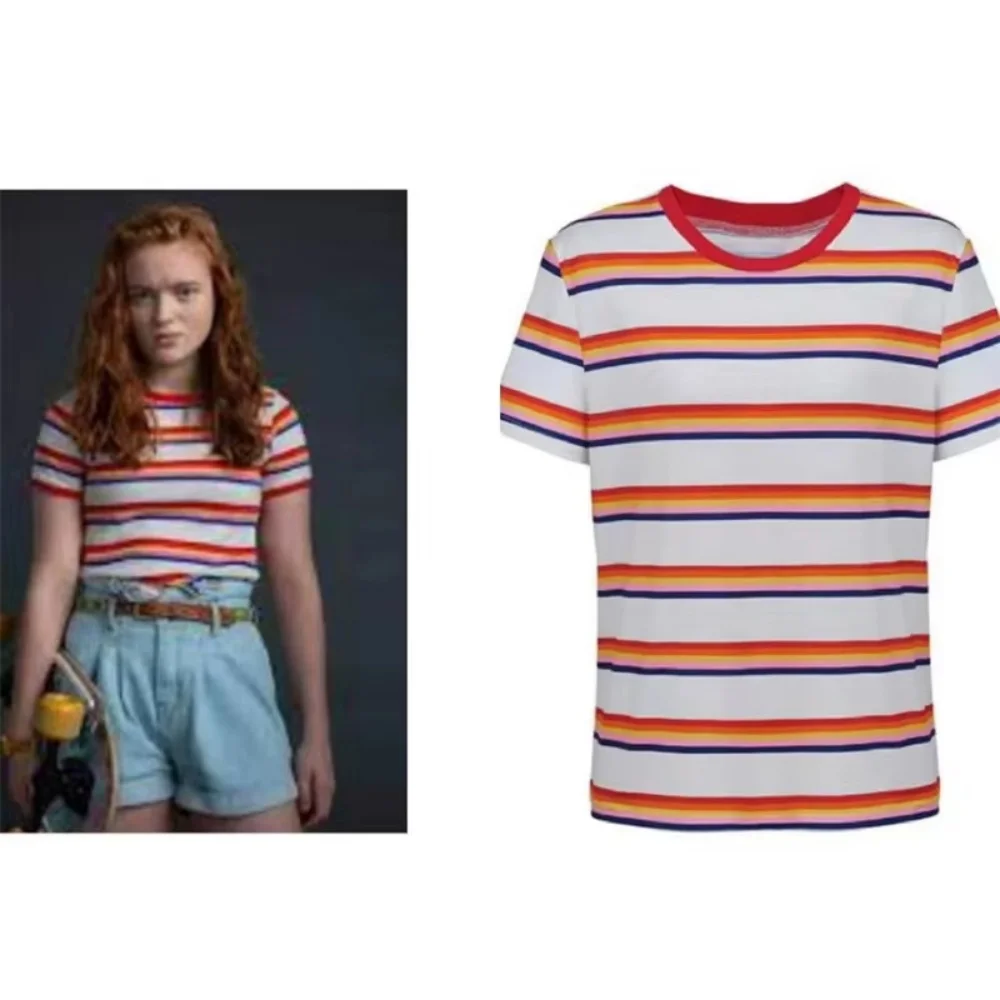 Disfraz de Max Mayfield para mujer y niña, camiseta a rayas de arcoíris, informal, colorida, de manga corta, 2026