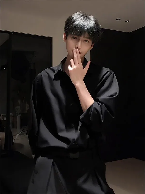 

Корейская мужская рубашка с длинным рукавом, однотонная, повседневная, дышащая, немнущаяся, свободного кроя, модная, для осеннего сезона