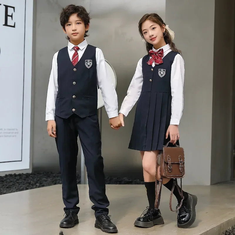 Weste Hosen Fliege für Mädchen Junge Kleidung Set Student Outfit Kind japanische Schuluniform weißes Hemd Marine Plissee Träger kleid