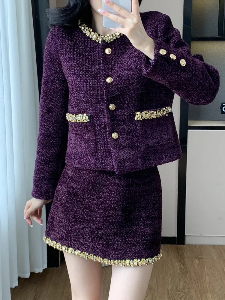 Wysokiej jakości dwuczęściowy zestaw French Vintage Small Fragrance Women Outfit Tweed Jacket Coat + Skirt 2-częściowe garnitury Conjuntos Cortos