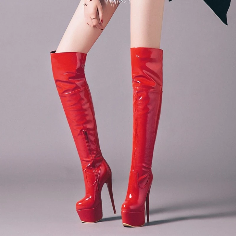الأحمر المرأة فوق الركبة الأحذية المتطرفة عالية الكعب منصة الفخذ عالية التمهيد مثير الرقص ملهى ليلي أحذية الوثن حجم كبير 45 48 #1