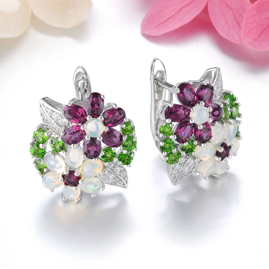 HT24  Fine Jewelry  Solid 925 Sterling Silver Natural White Opal Red Garnet Gemstones Earrings for Women Fine Presents