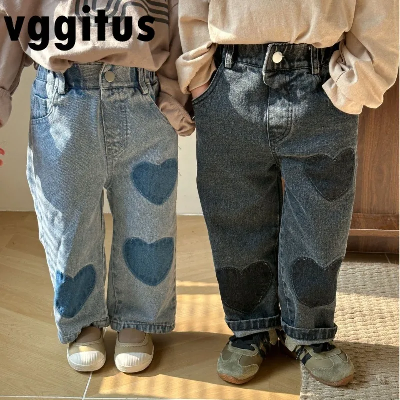 

Spring and Autumn Children's Girl Boy Jeans Love Heart Casual Denim Pants Baby Wide Leg Loose Straight Leisure Trouser H3732