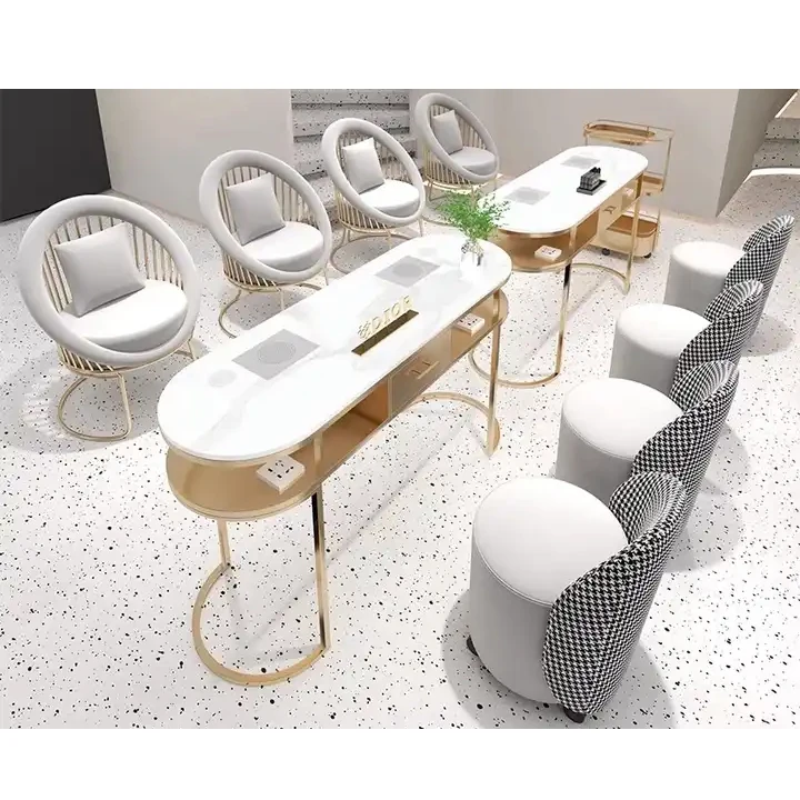 Modern Nail Shop Salon Table And Chair Gold Frame Marble Top Double Manicure Table For Beauty Salon