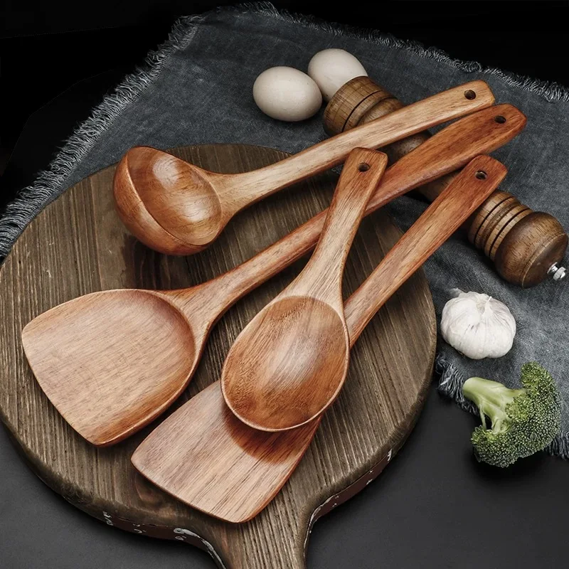 Pá de madeira, panela antiaderente, pá de cozinha doméstica especial resistente a altas temperaturas de cabo longo, pá de madeira, colher de arroz de sopa, conjunto de espátula de madeira maciça 4 peças